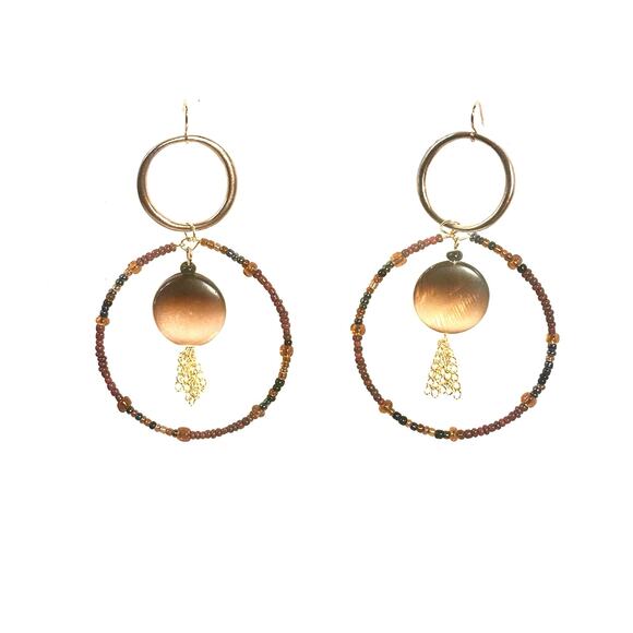 Handmade Glass Shell beaded Big Boho Hippie style Hoop Earrings 3 inch long - Picture 1 of 4